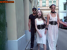 Submissive sluts fucked and humiliated in public orgy