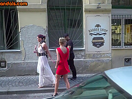 Submissive sluts fucked and humiliated in public orgy