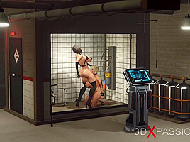 Super hot shemale fucks hard big tits sexy slut in cuffs in the lab