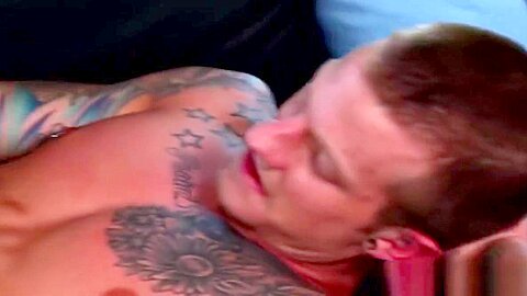Tattooed jock anally drilled with dildo by his kinky lover