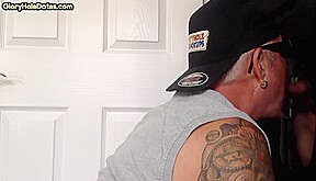 Tattooed oral DILF sucks gloryhole dick till cum in mouth