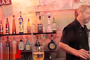 Teasing inked tgirl masturbates inside a bar