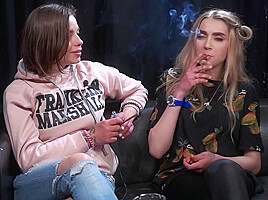 Two Friends Step mommies Are Smoking, Talking And Kissing For The First Time