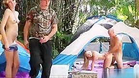 Two Pretty teen 18+ Babes Amazing Foursome Sex In The Camp