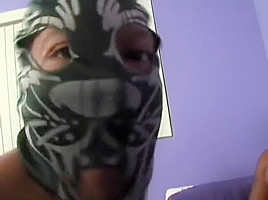 Two masked guys with huge black cocks fill up her white tight pussy