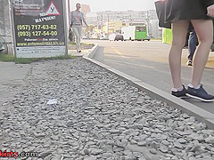 Upskirt porn with amateur auburn-hair gal in public
