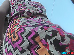 Upskirt porn with brunette-hair gal in a public place