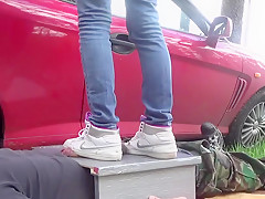 Very cruel full weight cock and ball crush in sneakers and socks
