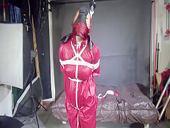 Watch Sandra Beeing Bound Gagged And Pantyhooded In Her Shiny Nylon Rainwear