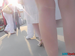 Wonderful upskirt xxx presents petite brunette MILF