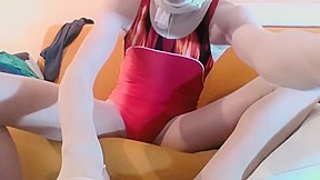 YOUNG GUY IN LIGHT PINK PANTYHOSE ENCASEMENT AND SPANDEX LEOTARD MASTURBATE
