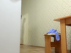 thin pregnant milf, big nipples, hairy pussy  washes the kitchen floor